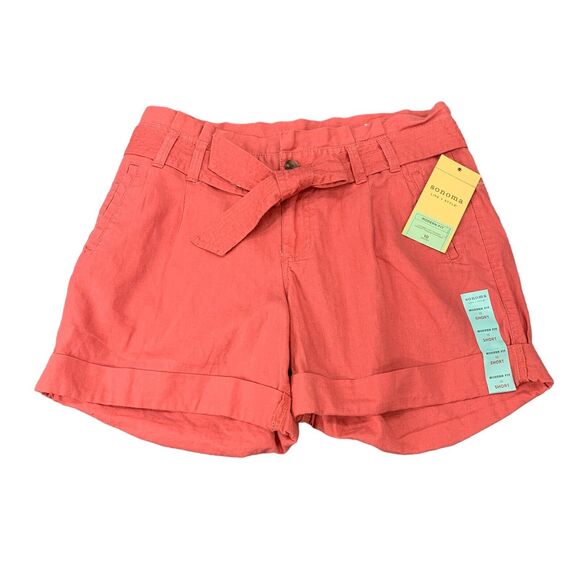 Sonoma Modern Fit Short Womens 10 Coral Solid Cuffed Linen Blend Belted Paperbag - Picture 1 of 9